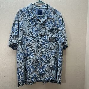 Tommy‎ Bahama 100% Silk Short Sleeve Button Up Hawaiian Palm Blue Sz XL Resort